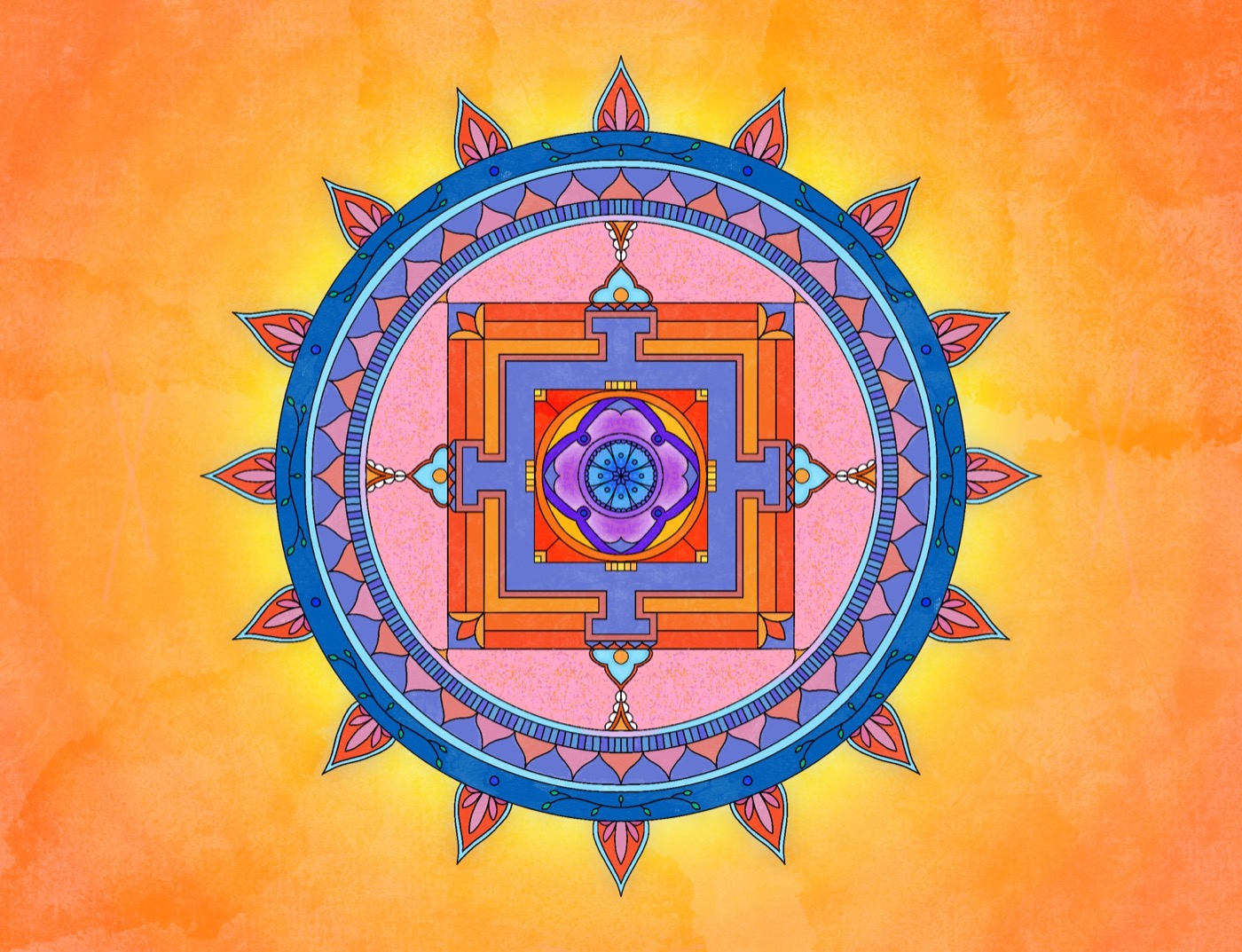 A bright mandala on an orange background